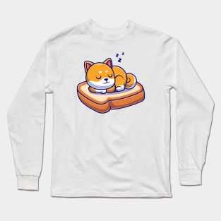 Cute Shiba Inu Dog Sleeping On Bread Cartoon Long Sleeve T-Shirt